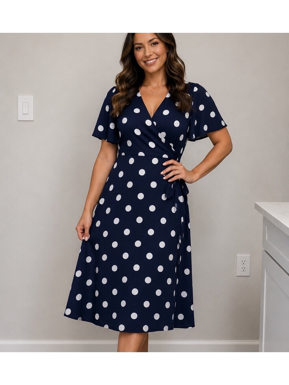 Peyton & Parker Navy Blue Polka Dot Wrap Midi Dress XL Retro Pin Up Rockabilly